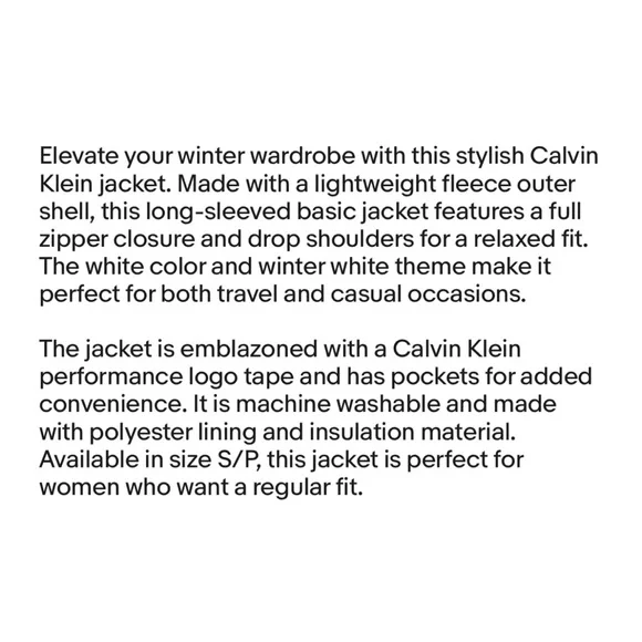 Calvin Klein | Performance Logo Tape Drop Shoulders Zip Front White Jacket - S/P - Picture 6 of 6